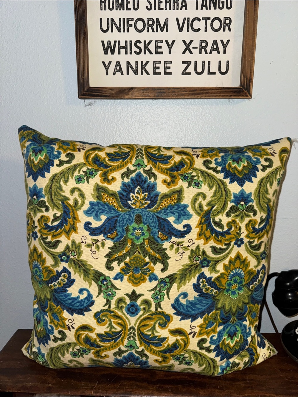 Handmade Decorative Feather Throw Pillow in Blue Green Floral Damask
